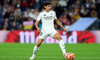 MADRID, SPAIN - MAY 14: Jesus Vallejo of Real Madrid controls the ball during the LaLiga match between Real Madrid CF and RCD Mallorca at Estadio Santiago Bernabeu on May 14, 2025 in Madrid, Spain. (Photo by Angel Martinez/Getty Images)