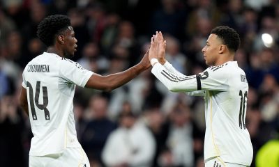 Aurelien Tchouameni and Kylian Mbappe of Real Madrid