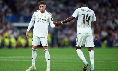 Federico Valverde and Aurelien Tchouameni of Real Madrid