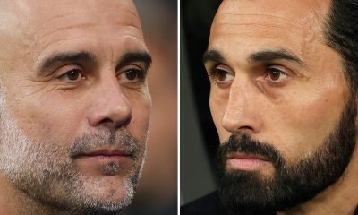 Pep Guardiola, Manager of Manchester City and Alvaro Arbeloa, Head Coach of Real Madrid