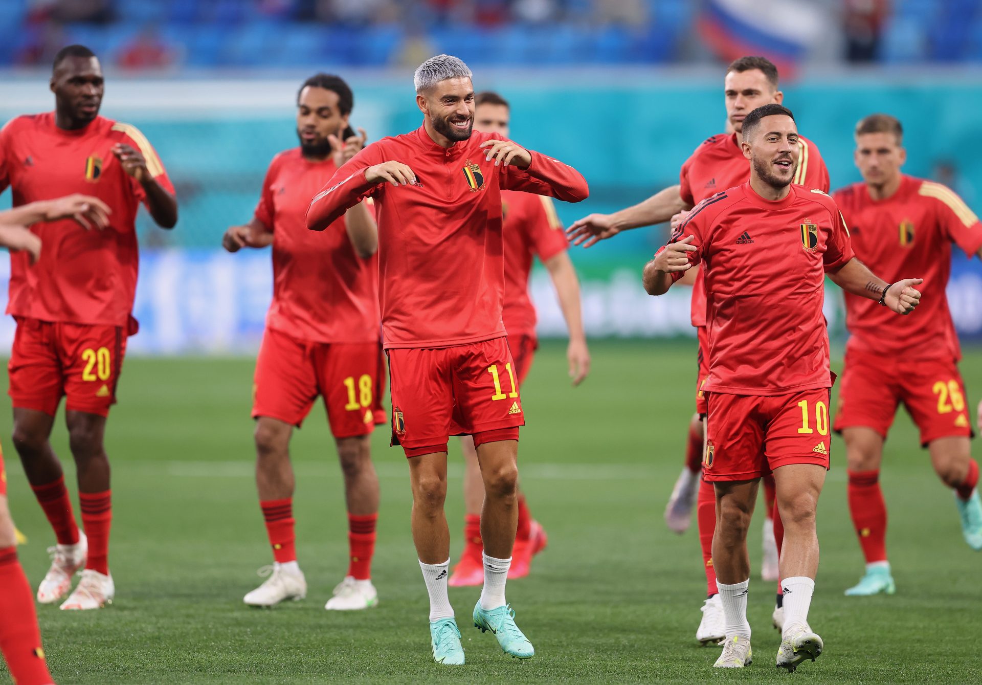 Yannick Carrasco and Eden Hazard of Belgium