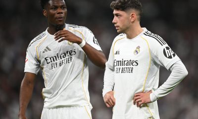 Aurelien Tchouameni and Federico Valverde of Real Madrid