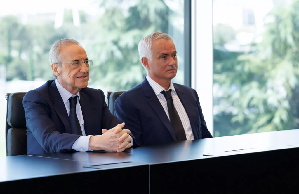 Jose Mourinho and Florentino Perez of Real Madrid