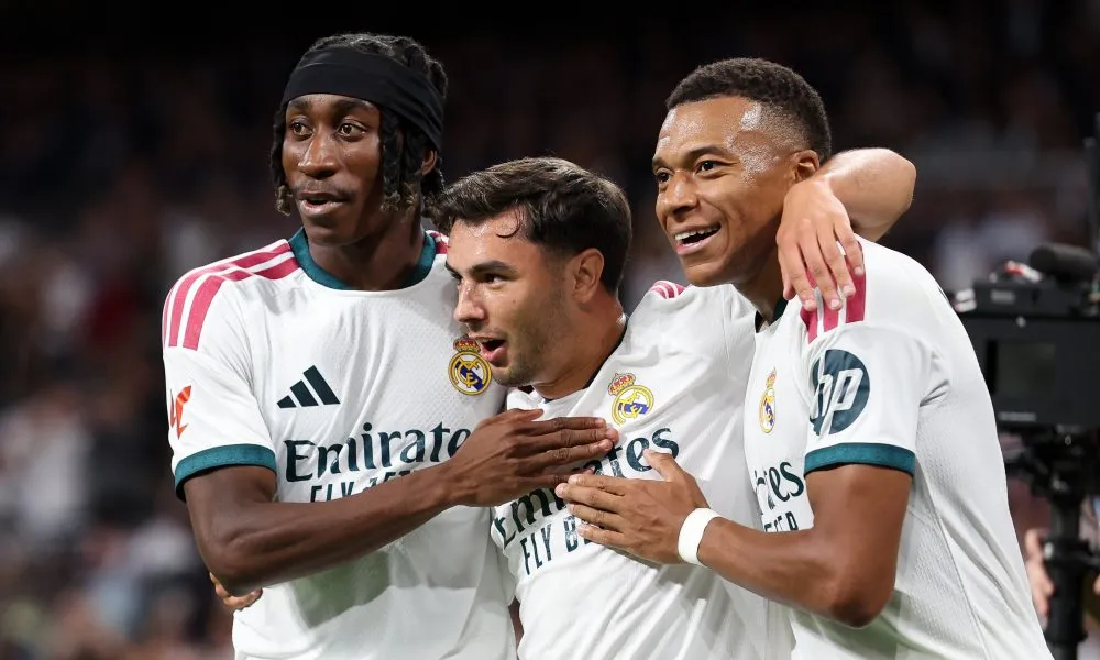 Brahim Diaz, Yan Diomande, and Kylian Mbappe of Real Madrid