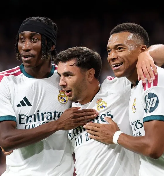 Brahim Diaz, Yan Diomande, and Kylian Mbappe of Real Madrid